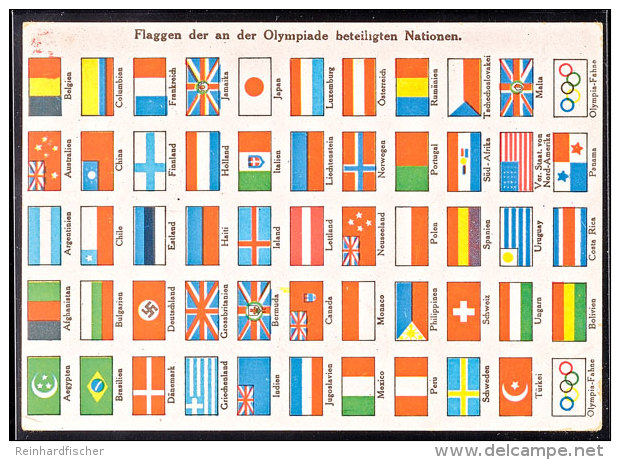 1936, Flaggen Der An Der Olympiade Beteiligten Nationen, Color Karte, Pass. Frankiert Mit MiNr. 611, Postalisch... - Otros & Sin Clasificación
