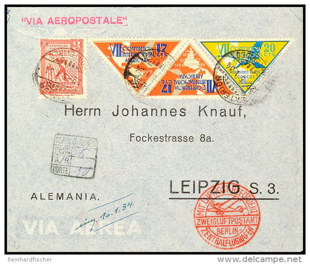 URUGUAY 1934, Luftpostbrief Mit MiNr. 494, 500 (2) U. 501 über Paris Und Berlin Nach Leipzig  BFURUGUAY... - Autres & Non Classés