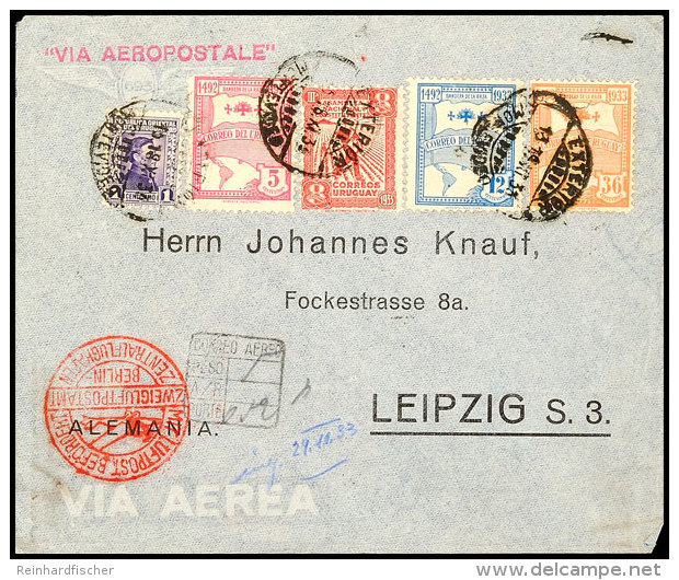 URUGUAY 1933, Luftpostbrief Mit MiNr. 353, 481, 484, 488 U. 494 über Paris Und Berlin Nach Leipzig ... - Autres & Non Classés