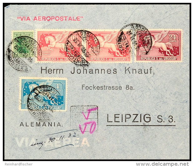 URUGUAY 1932, Luftpostbrief Mit MiNr. 354, 392, 423 U. 428 (2) über Paris Nach Leipzig  BFURUGUAY 1932,... - Autres & Non Classés