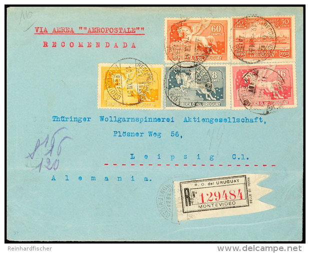 URUGUAY 1931, Luftpost-R-Brief Mit MiNr. 413, 421, 427, 428 U. 433 über Paris Nach Leipzig, Kuvert Unten... - Autres & Non Classés