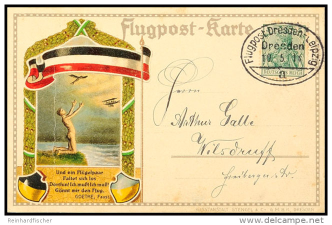 1914, Erstflug Dresden - Leipzig, Ovalstempel "Flugpost Dresden-Leipzig Dresden 10.5.14 A" Auf Flugpostkarte Mit 5... - Other & Unclassified