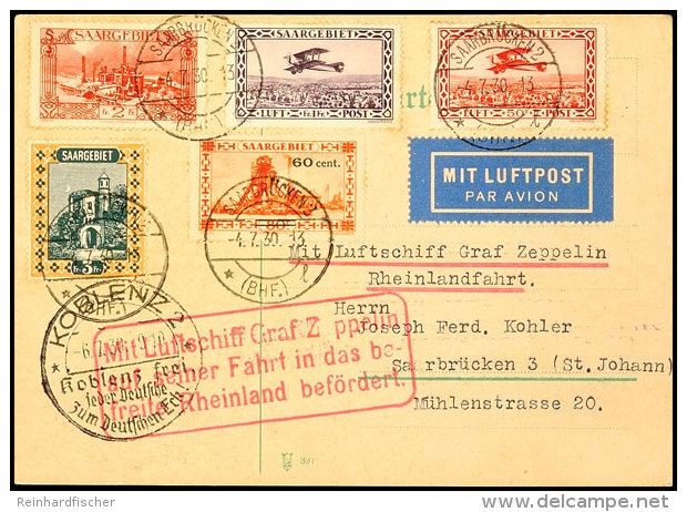 Saarland: 1930, Fahrt In Das Befreite Rheinland, Abwurf Koblenz, Karte Mit Bunter Frankatur Aus SAARBRÜCKEN... - Other & Unclassified