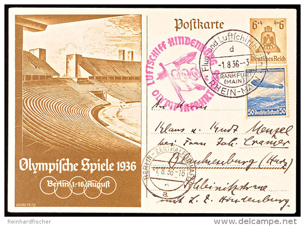 1936, Olympiafahrt LZ 129, Auflieferung Rhein/Main-Flughafen, 6 Pfg Olympiade-GS-Postkarte Mit ZuF 50 Pfg... - Autres & Non Classés