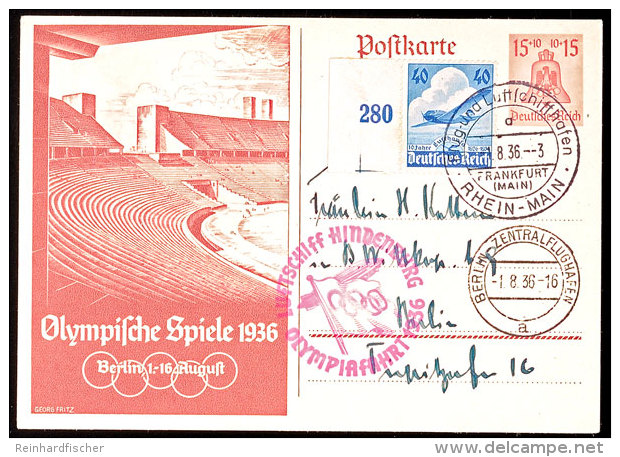 1936, Olympiafahrt LZ 129, Auflieferung Rhein/Main-Flughafen, 15 Pfg Olympiade-GS-Postkarte Mit ZuF Linkes... - Autres & Non Classés