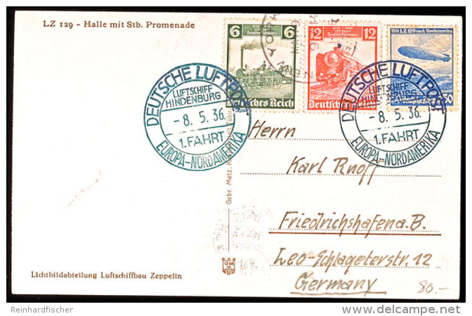 1936, 1. Nordamerikafahrt LZ 129, Bordpost, Hübsch Frankierte Bildpostkarte "LZ 129 - Halle Mit Steuerbord... - Autres & Non Classés