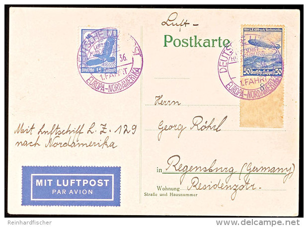 1936, 1. Nordamerikafahrt LZ 129, Bordpost, Postkarte Nach Regensburg (alter Ausruf 35), Katalog: Si.407A... - Autres & Non Classés