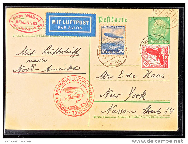 1936, 1. Nordamerikafahrt 1936 LZ 129, Auflieferung Frankfurt/M., GS-Postkarte Mit ZuF Nach USA, Katalog: Si.406C... - Autres & Non Classés