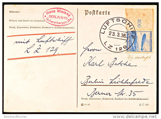 1936, 1. Postfahrt LZ 129, Bordpost, Mit Bogenrandstück 50 Pfg Zeppelin-Marke Frankierte Postkarte Nach... - Autres & Non Classés