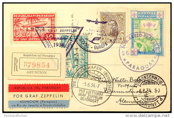 1934, 2. Südamerikafahrt, Paraguayische Post, R-Karte Mit U. A. Zeppelinmarken Zu 9 P. Und 13,50 P, Pracht,... - Autres & Non Classés