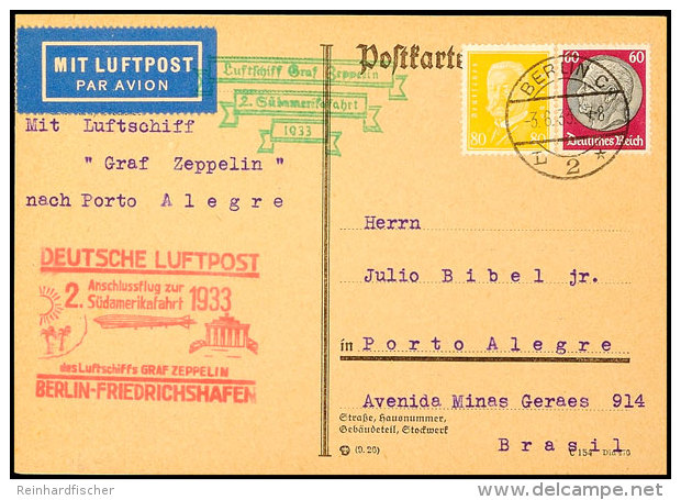1933, 2. Südamerikafahrt, Anschlussflug Ab Gerlin, Karte Nach Porto Alegre, Pracht, Katalog: Si.214B... - Autres & Non Classés