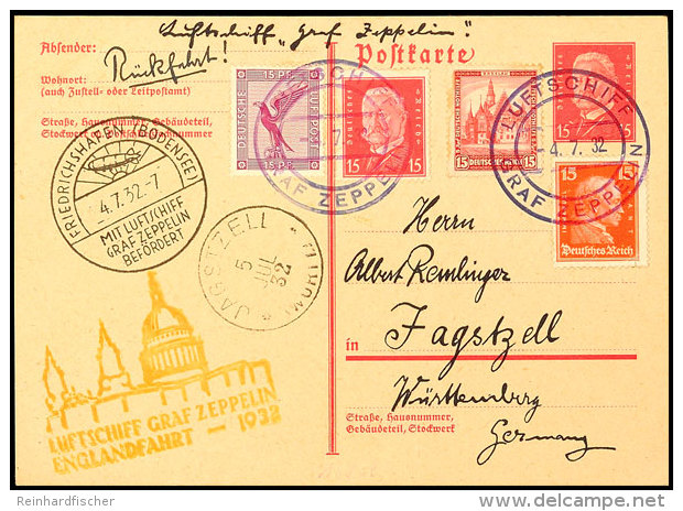 1932, Englandfahrt, Bordpost Der Rückfahrt, 15 Pfg. Ganzsachenkarte Mit Zufrankatur, Pracht, Katalog: Si.168B... - Autres & Non Classés