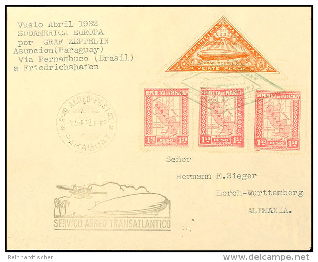 1932, 2. Südamerikafahrt, Paraguayische Post, R-Brief Mit U. A. Zeppelinmarke Zu 20 P., Pracht, Katalog:... - Autres & Non Classés
