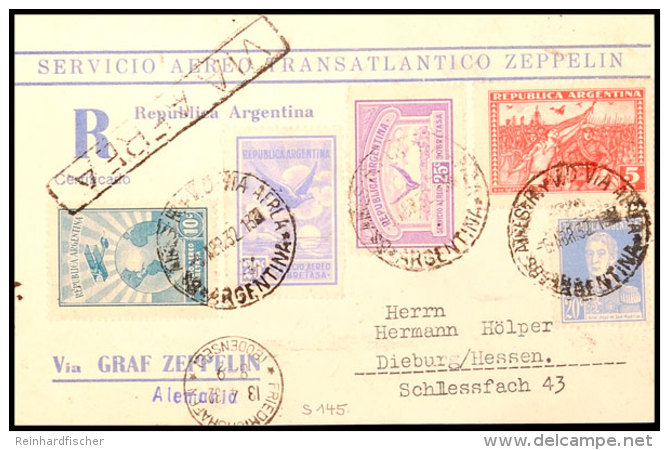 1932, 2. SAF, Argentinische Post, Hübsch Frankierte, Eingeschriebene Postkarte Nach Dieburg (Ankstpl) (alter... - Otros & Sin Clasificación