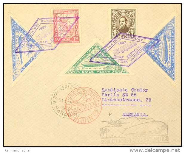1932, 1. Südamerikafahrt, Paraguayische Post, R-Brief Mit U. A. Zeppelinmarken Zu 4 P. (2) Und 12 P., Pracht,... - Autres & Non Classés