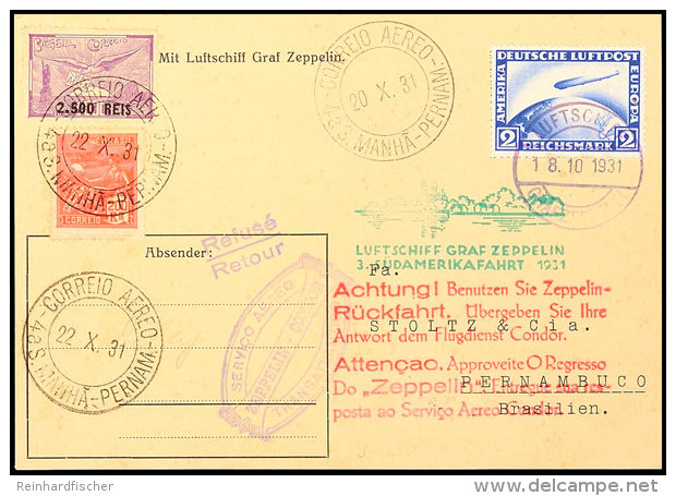 1931, 3. Südamerikafahrt, Hin- Und Rückflug Mit Rotem Werbestempel, Karte Mit Bordpost-Stempel Vom 18.10.... - Autres & Non Classés