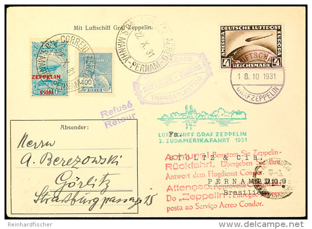 1931, 3. Südamerikafahrt, Hin- Und Rückflug Mit Rotem Werbestempel, Brief Mit Bordpost-Stempel Vom 18.10.... - Autres & Non Classés