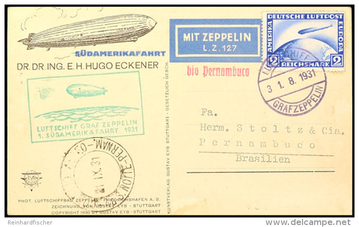 1931, 1. Südamerikafahrt, Bordpost Vom 31.8. Bis Pernambuco, Vordruckkarte Mit 2 M. Zeppelin Und... - Autres & Non Classés