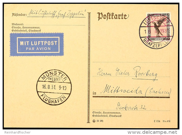 1931, Fahrt Nach Münster, Bordpost Vom 16.8., Karte Mit 1 M. Adler, Alle Stempel Vorderseitig, Pracht,... - Autres & Non Classés
