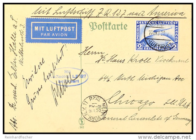 1928, Amerikafahrt, Postkarte Mit 2 RM Zeppelin-Sondermarke Nach Chicago, Gepr. Dr. Simon, Katalog: Si.21A... - Autres & Non Classés