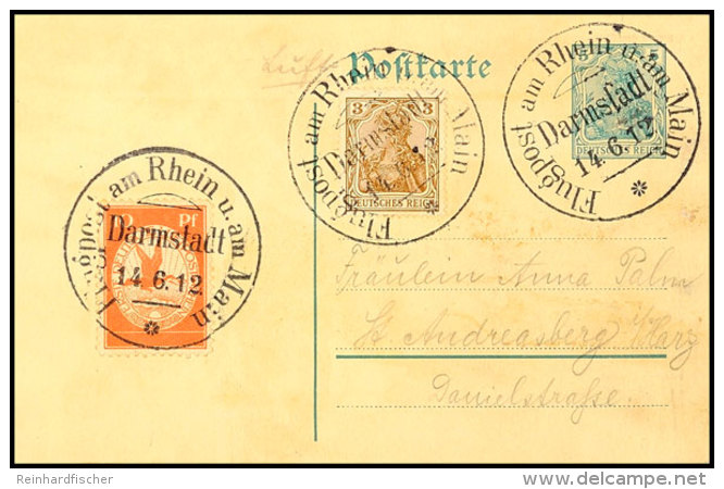 10 Pfg. Rhein/Main Auf 5 Pfg. Ganzsachenkarte Mit Zufrankatur 3 Pfg. Germania Und Flugstempel "Darmstadt 14.6.12"... - Autres & Non Classés