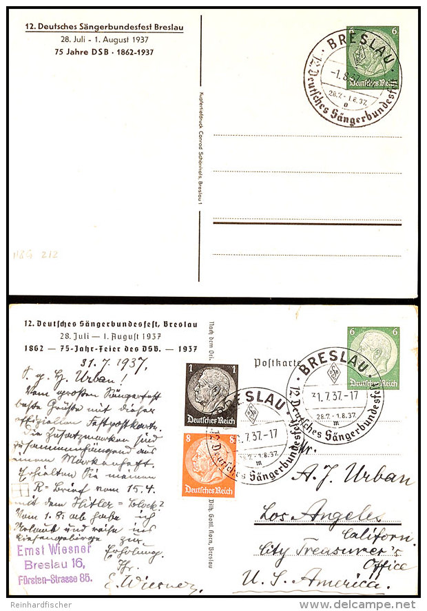 1937, Zwei Versch. 6 Pfg Privat-GS-Postkarten, 12. Deutsches Sängerbundesfest Breslau, Dabei C30/03 Abb.... - Autres & Non Classés