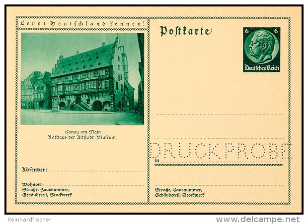 Druckprobe, 6 Pfg Hindenburg Grün, 6 Pfg Braun Und 6 Pfg Hitler Bildpostkarte Mit Entsprechender Lochung In... - Autres & Non Classés