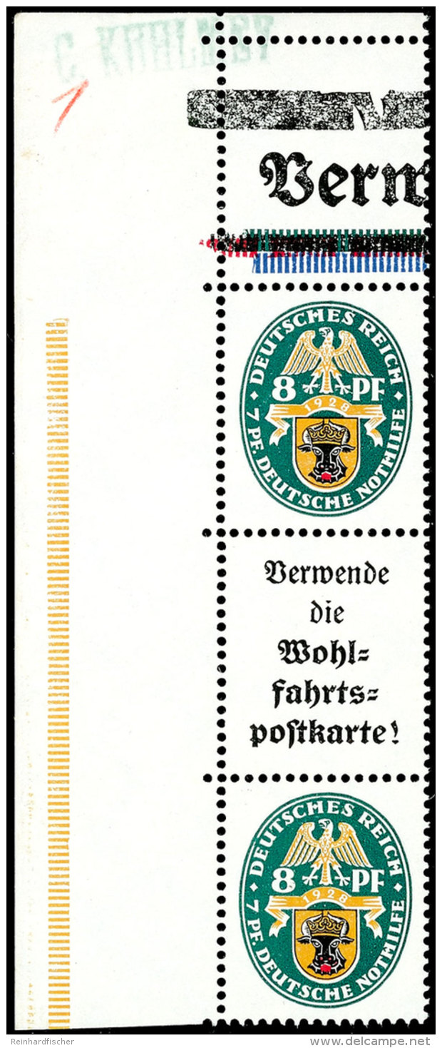 8+A1+8 Pfg Nothilfe 1928, Oben Mit Leerfeld Aus Der Bogenecke, Postfrisch (Falz Im Seitenrand, Ecke... - Autres & Non Classés
