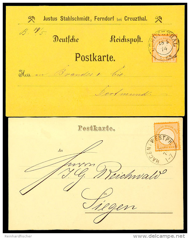 1/2 Gr. Orange, Je Einzeln Auf Zwei Privatpostkarten Aus CREUZTHAL Bzw. HAGEN, Katalog: 18 BF1 / 2 Gr. Orange,... - Autres & Non Classés