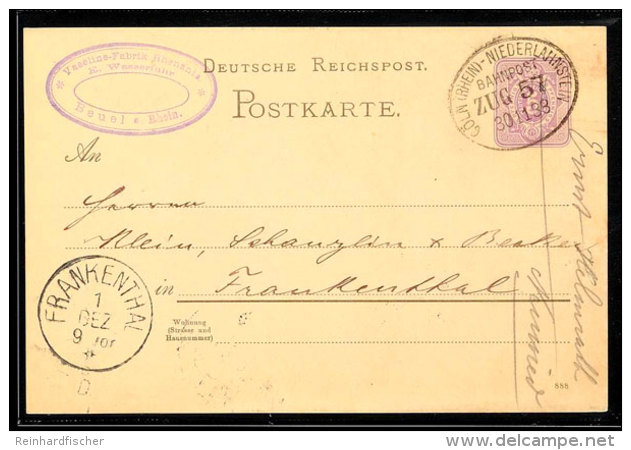 "CÖLN (RHEIN) - NIEDERLAHNSTEIN ZUG 57" - Bahnpost-Ovalstempel, Auf GS-Postkarte 5 Pfg In 1888 Nach... - Autres & Non Classés