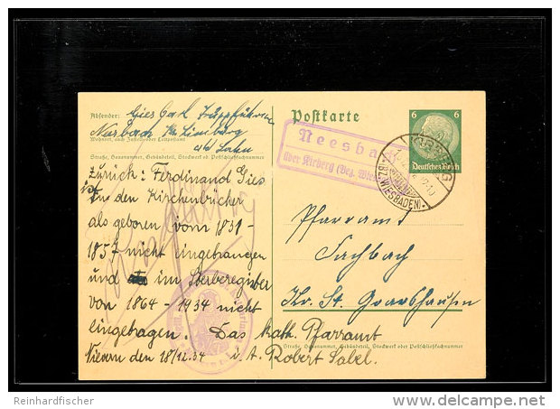 "Neesbach / über Kirberg (Bez. Wiesbaden)", Auf GS-Postkarte 1934 Nach St. Goarshausen, Leichte Büge ... - Autres & Non Classés