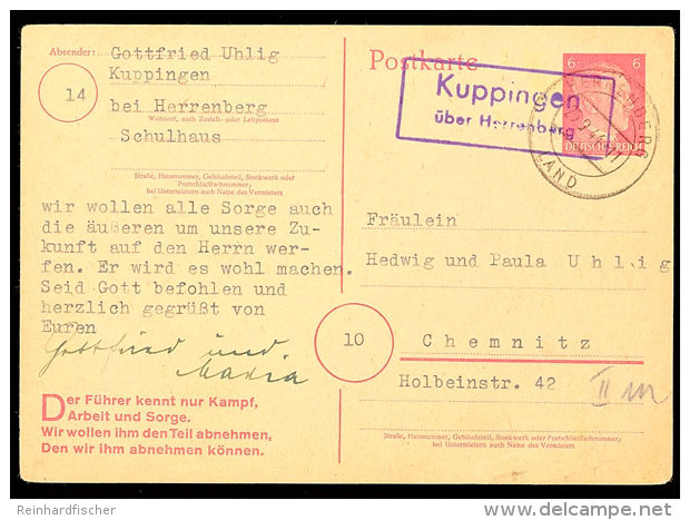 "Kuppingen über Herrenberg", Klar Auf GS-Postkarte 1944 Nach Chemnitz  BFKuppingen Over Herrenberg, Clear... - Autres & Non Classés