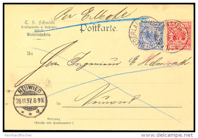 "NIEDERLAHNSTEIN 28 11 97" - K1, Eilboten-Postkarte Nach Neuwied, 20 Pfg-Marke Kleiner Eckfehler, Katalog: 47,48... - Autres & Non Classés