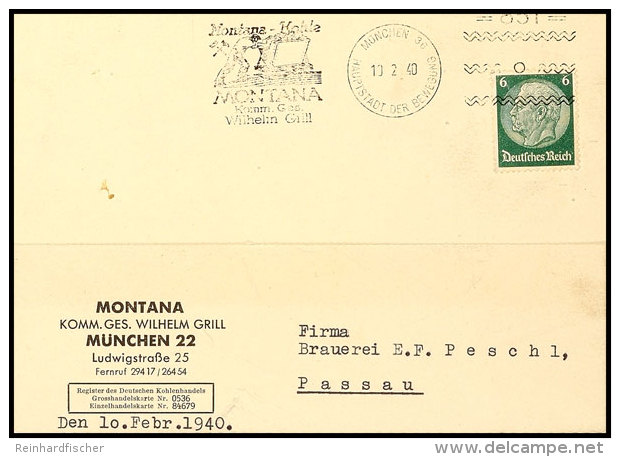 "MÜNCHEN 10.2.40 - Montan -Kohle...-851", Freimarkenstempler-Stempel Klar Mit Abb. "Bergarbeiter Schiebt... - Autres & Non Classés