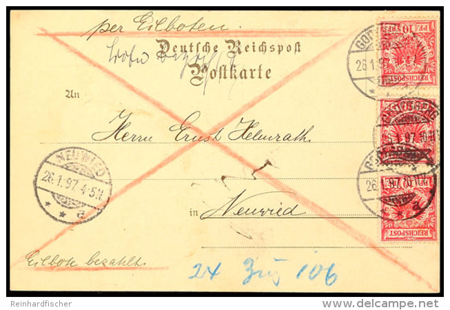 "GODESBERG 26.1.97" - Kreisgitterstegstempel, Eilboten-Postkarte 3x 10 Pfg Nach Neuwied, Katalog: 47(3)... - Autres & Non Classés