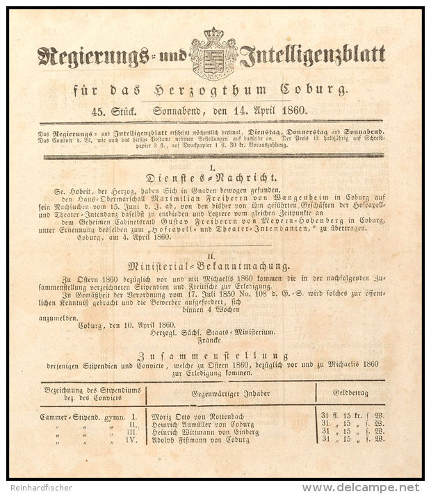 1860, Regierungs- Und Intelligenzblatt Für Das Großherzogtum Coburg Vom 14.April.1860, U.a. Darin Eine... - Otros & Sin Clasificación