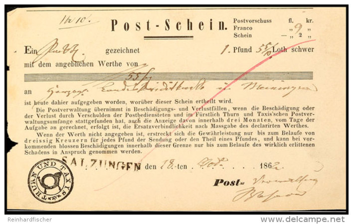 SALZUNGEN 1862, Postschein Für Eine Sendung Mit Wertangabe Nach Meiningen  BFSALZUNGEN 1862, Postal Form... - Autres & Non Classés