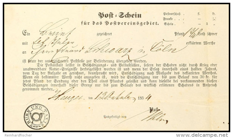 HAIGER 1854, Postschein Für Einen Brief Nach Cöln  BFHAIGER 1854, Postal Form For A Cover To Cologne ... - Autres & Non Classés