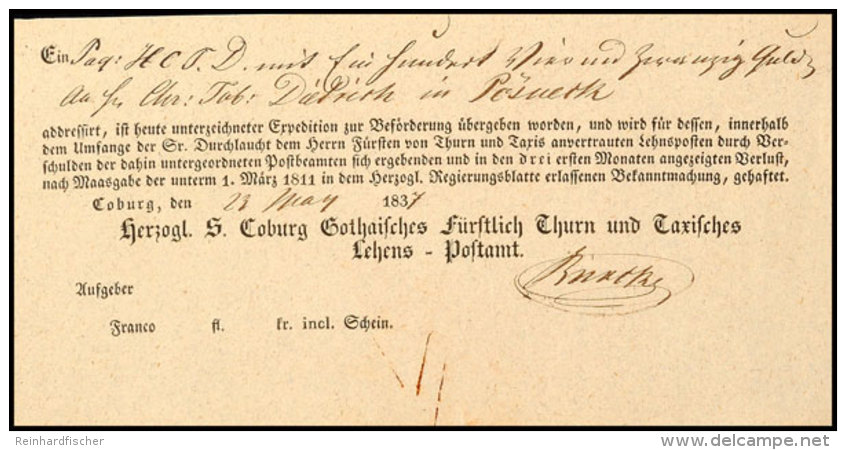 COBURG 1837, Postschein Für Eine Sendung Mit Wertangabe Nach Pößneck  BFCOBURG 1837, Postal... - Autres & Non Classés