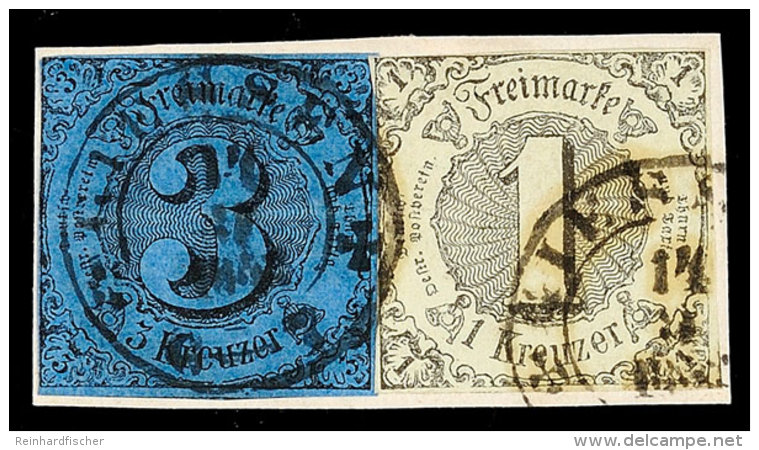 "GIESSEN 14 9 1852" - K2 Mit Kreuzen, Auf Briefstück Mit Je Fast Vollrandiger 1 Kr. A. Graugrün Und 3 Kr.... - Autres & Non Classés