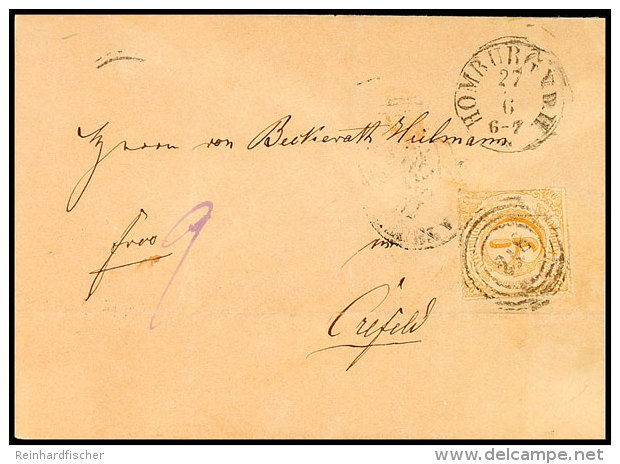 "218" Nebst K1 "HOMBURG V.d.H. 27 6 (1867)" Auf Postvereinsbrief 9 Kr. über Frankfurt/M. Nach Crefeld, Marke... - Otros & Sin Clasificación