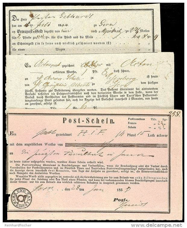 "GERA", Drei Verschiedene Postscheine Aus 1844, 1846 U. 1858, Letzterer Mangel  BFGERA, Three Various Postal... - Autres & Non Classés