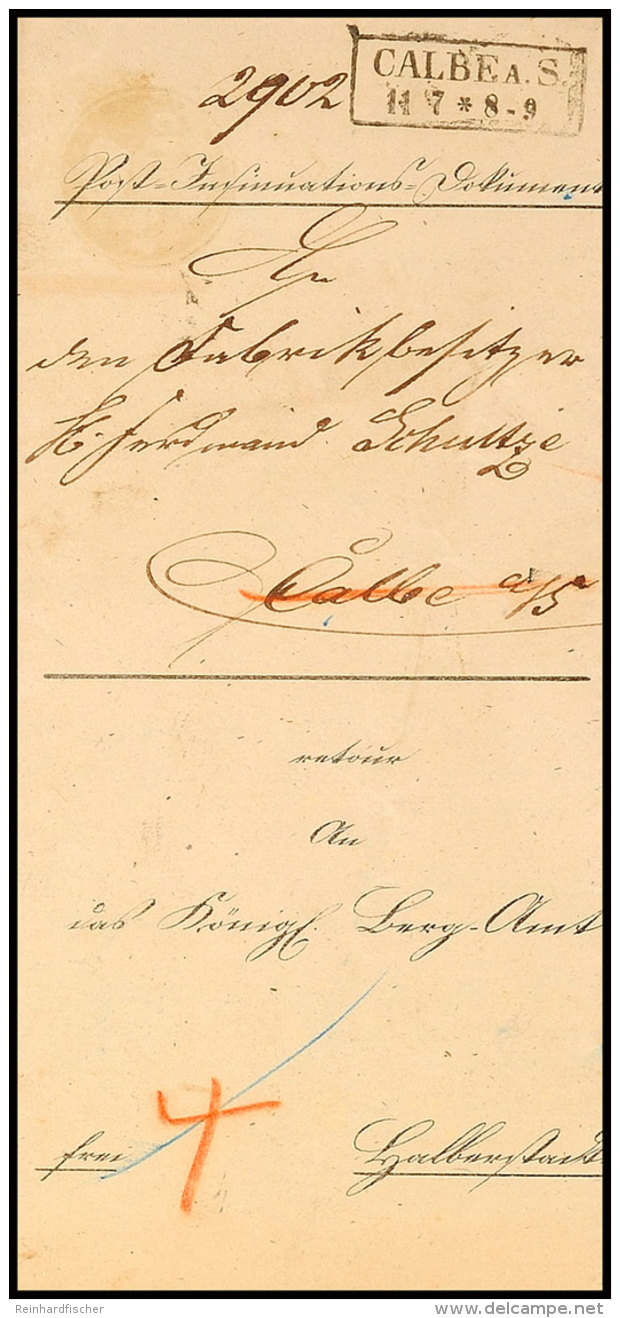 "CALBE A.S. 11 7 (1855)" - Ra2, Auf Postinsinuationsdokument Nach Halberstadt, Innen Krone/Posthorn-Stempel ... - Autres & Non Classés