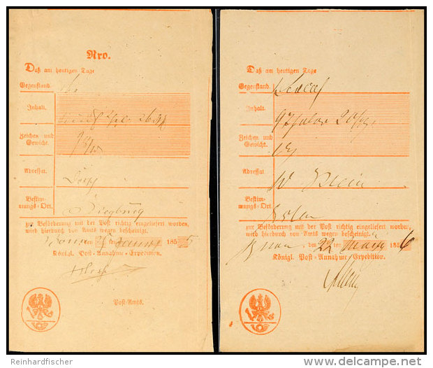 "Bonn" - Handschriftlich Auf Zwei Posteinlieferungsscheinen Aus 1855 Bzw. 1856  BFBonn - Handwritten On Two... - Otros & Sin Clasificación