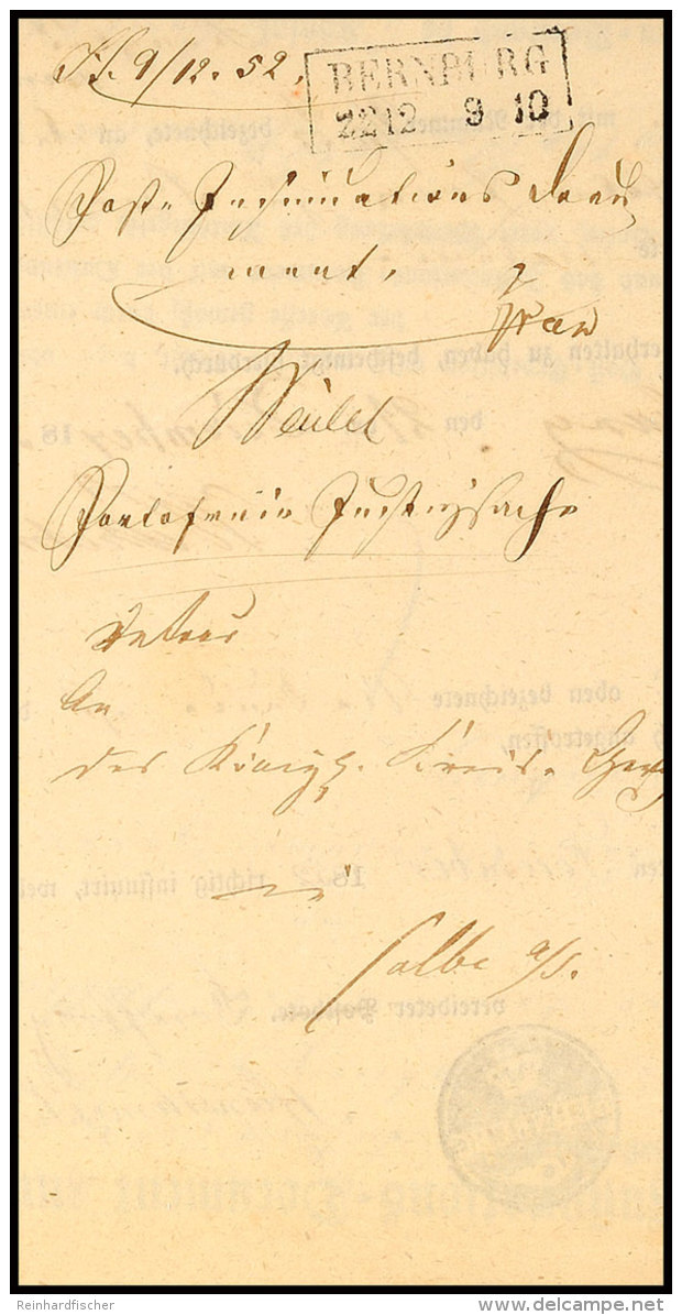 "BERNBURG 22 12 (1852)" - Ra2, Auf Postinsinuationsdokument, Innen Krone/Posthorn-Stempel  BFBERNBURG 22 12... - Otros & Sin Clasificación
