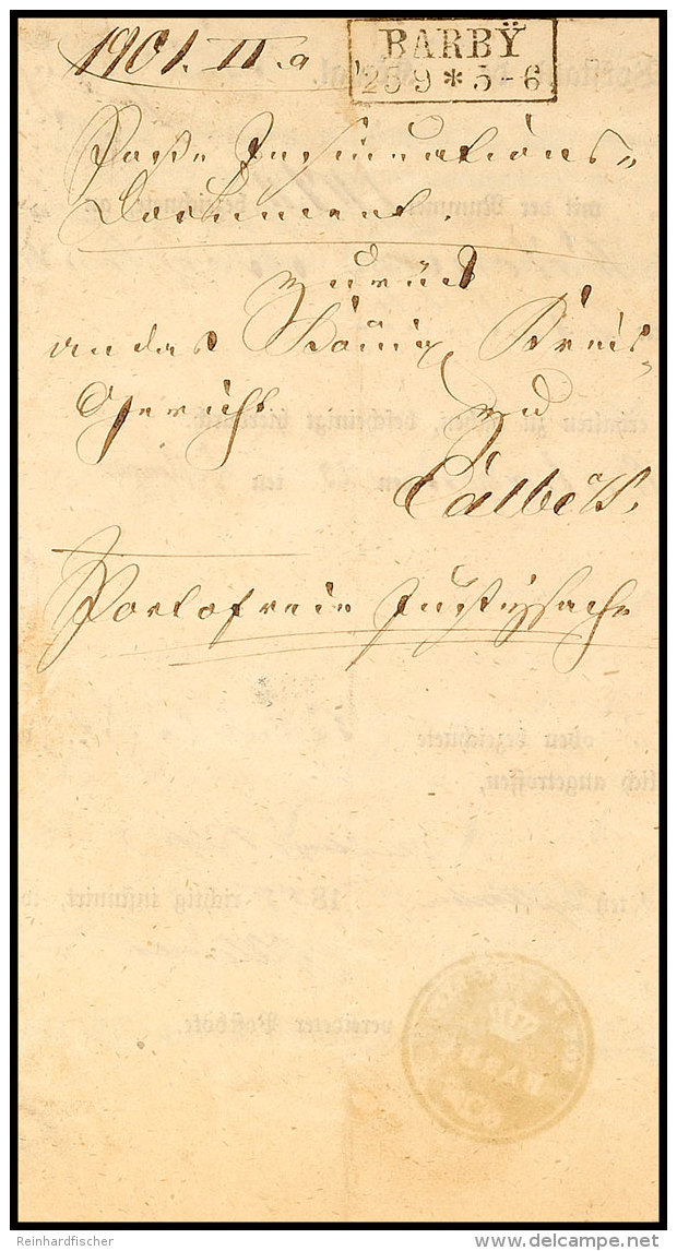 "BARBY 25 9 (1858)" - Ra2, Postinsinuationsdokument Nach Calbe, Innen Krone/Posthornstempel  BFBARBY 25 9... - Autres & Non Classés
