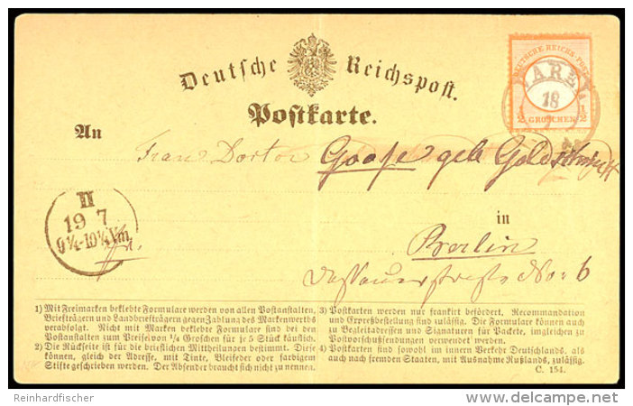 "VAREL" - K2, Klar Auf Postkarte DR 1/2 Gr. Kleiner Schild Nach Berlin, Senkr. Faltspur, Katalog: DR 3 BFVAREL... - Oldenbourg