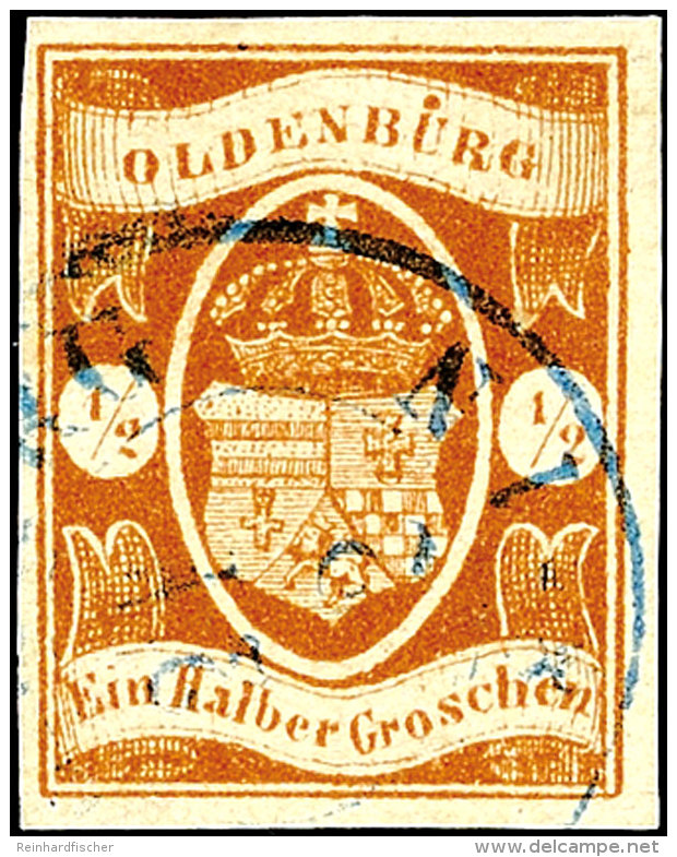 1/2 Groschen Dunkelbraun, Allseits Vollrandiges Und Farbfrisches Kabinettstück Mit Entwertung Durch Blauen K2... - Oldenburg