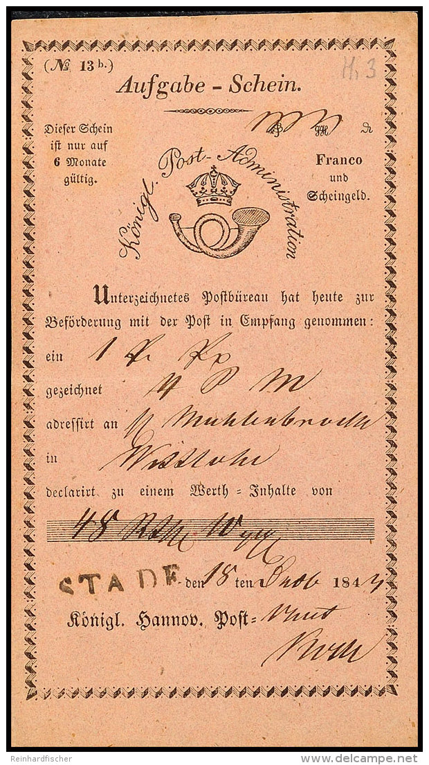 "STADE" - Schwarzer L1, Klar Auf Postschein Aus 1843, übliche Faltspur  BFSTADE - Black Straight-line... - Hanovre