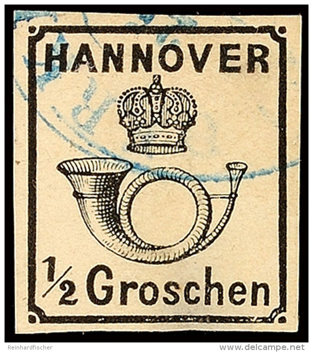 1/2 Gr. Posthorn Unter Krone, Rote Gummierung, Allseits Vollrandiges Exemplar, Entwertet Mit Blauem K2 Von... - Hannover